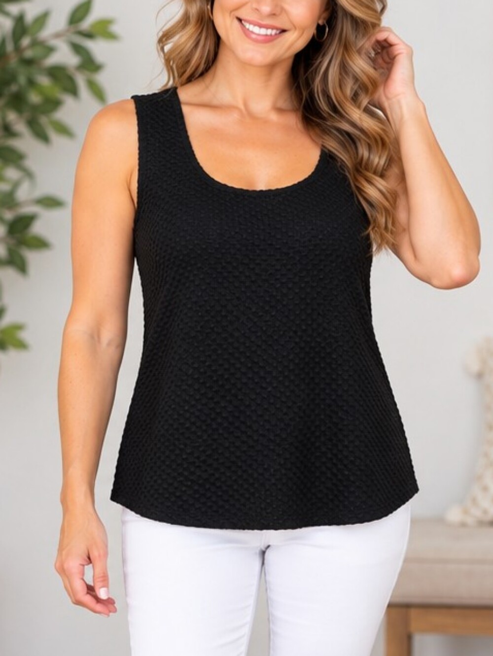 Belah & Codey Scoop Neck Black Textured Tank Top -  Casual Layering Tee Size XL